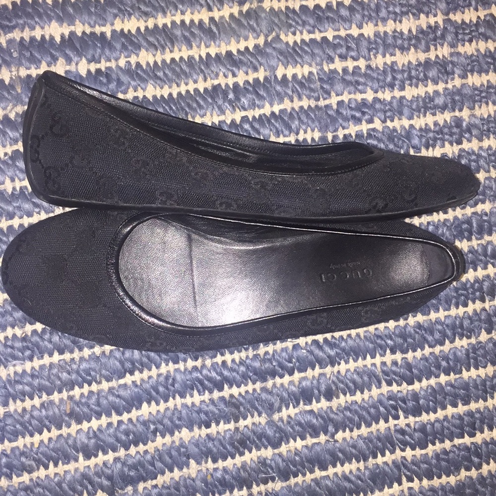 Authentic Gucci Black Ballet Flats Leather Canvas